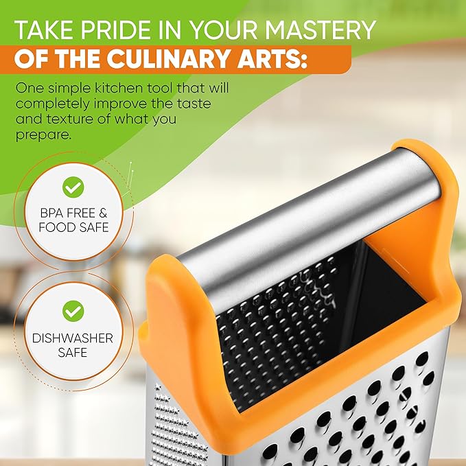 Spring Chef Handheld Stainless Steel XL Parmesan Cheese Grater with Handle - 4 Sided Manual Box Grater for Kitchen - Dishwasher Safe Cheese Shredder for Carrot, Potato, Vegetables, Hash Brown - Mango