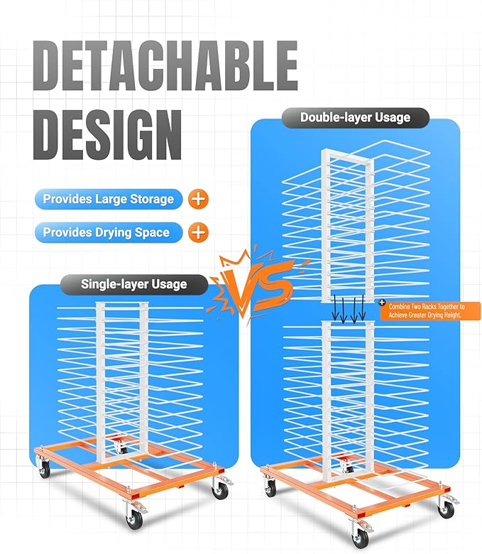 HECASA 50 Shelf Cabinet Drying Rack with Caster, Mobile Rack Stand with 25 LBS per Shelf Capacity, for Cabinet & Full-Size Doors, Art Studios – Space-Saving Vertical Design Powder Coated