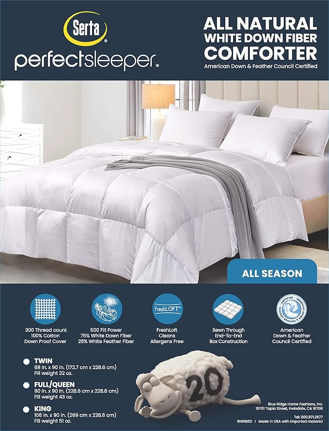 Serta Down Fiber Comforter King Size-All Season Duvet Insert, Luxury Fluffy Bed Comforter 100% Cotton 300 Thread Count Shell, Down Feather Fiber 500 Fill Power with Corner Taps, White 106x90inch