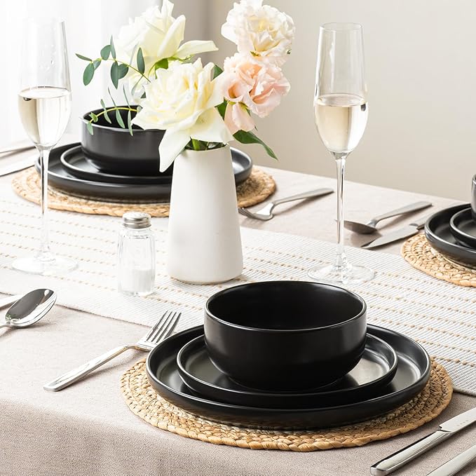 EWFEN Plates and Bowls Sets, Dinnerware Sets for 4, 12 Pieces Scratch Resistant Dishware Dishes Set, Ceramic Kitchen Dinner Set, Porcelain & Microwave and Dishwasher Safe, Black