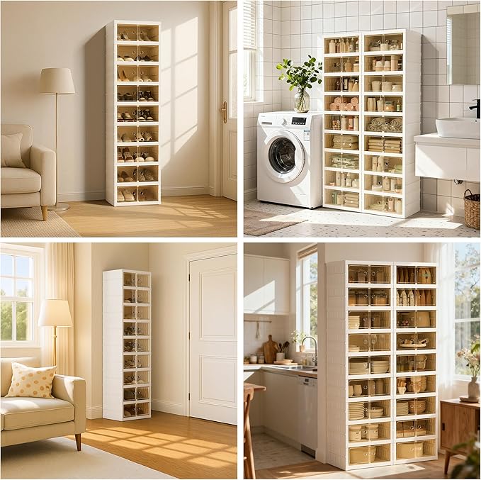 Foldable Shoe Organizer Storage Box Set of 2, Portable Extra Large Folding Shoe Rack for Closet, Shoe Storage Box with Magnetic Transparent Door and Wheels, 9 Layers 18 Grids