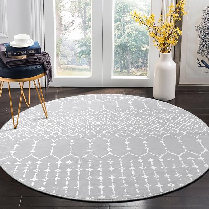 Lahome Moroccan Round Rugs - 6Ft Washable Circle Area Rug for Living Room Grey Non-Slip Stain Resistant Dining Room Rug Large Circle Rug, Modern Geometric Print Indoor Round for Bedroom Entryway