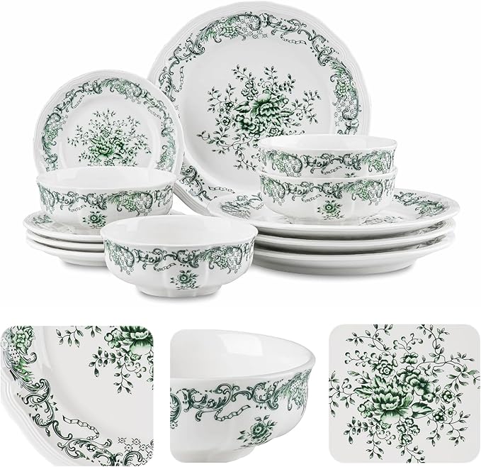 Ceramic Dinnerware Set 12Piece Ornate Edge Dish Set for 4 Vintage Green Floral Elegant ChipResistant Kitchen Plates Bowls for Daily Use & Party Microwave & Dishwasher Safe(Green)
