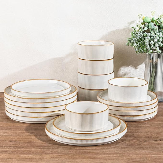 GBHOME Stoneware Dinnerware Sets for 6,Round Reactive Glaze Ceramic Plates and Bowls Set,Highly Scratch Resistant | Dishwasher & Microwave Safe Dishes Set,Service for 6(18Pcs),Pearl White