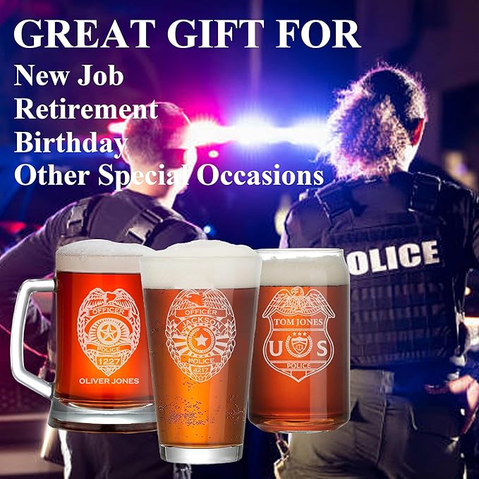 Personalized Police Officer Beer Glass, Custom Name & Number Beer Pint, 16oz Engraved Police Drinkware, Engraving Gifts for Men Dad, Retirement, PD