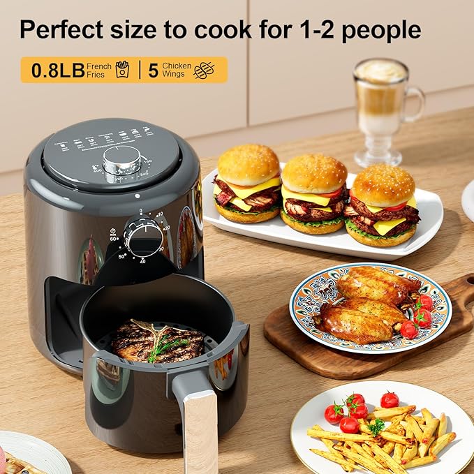 Compact Air Fryer Small 2QT, 4-in-1 Small Mini Airfryer, Bake, Roast, Reheat, 98% Less Oil, Adjustable Temperature Control w/ 60min Timer, Quiet, Nonstick & Dishwasher Safe Basket, BPA-Free, Grey