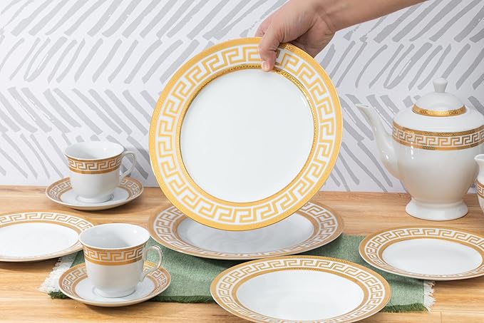 Porcelain Dinnerware Set for 8 - Luxurious 49 Piece Dish Set - White and Gold Greek Key Design - Dinner Plates, Bowls, Cups and Saucers for Everyday Dishes or Formal Occasions (Meander Gold 2049)