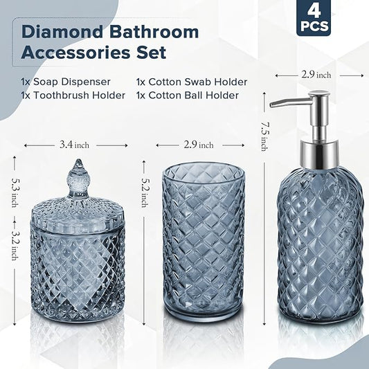 Blue Bathroom Accessories Set, 4 Pack Light Blue Bathroom Decor Accessory Sets Complete, Diamond Glass Soap Dispenser and Toothbrush Holder Set for Bath Counter Organizer Essentials