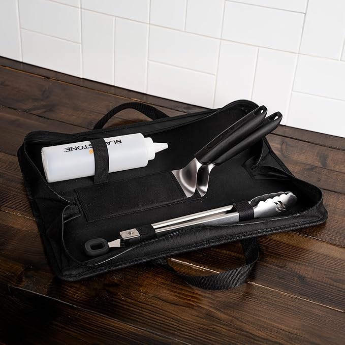 Blackstone 5481 Tabletop 5 Piece Griddle Tool Kit- Outdoor Indoor Grill BBQ Utensils, 2 Stainless Steel Spatulas, 1 Classic Tong, 16Oz Squeeze Bottle, 1 Portable Carry Bag, Black, Silver, White