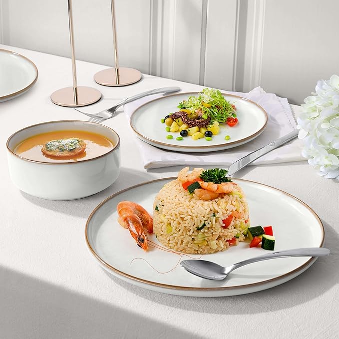 Herogo 18 Pieces Stoneware Dinnerware Dishes Sets for 6, Kitchen Handmade Dining Plates and Bowls Sets, Double Reactive Glaze, Microwave & Dishwasher Safe, Scratch Resistant, Ivory White