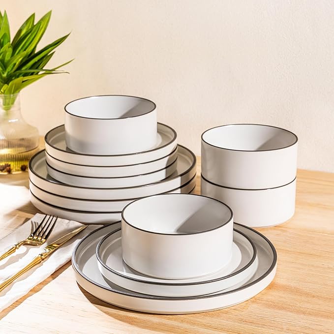 LERATIO Ceramic Dinnerware Sets for 6, High Edge Stoneware Plates and Bowls Set, Chip and Crack Resistant | Oven & Dishwasher & Microwave Safe Dishes Set, Service for 6 -Creamly White