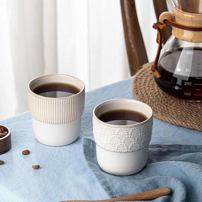 Espresso Cups Set of 2, 4oz Espresso Shot Cups, Mini Coffee Mugs Farmhouse Decor, Espresso Cup Perfect for Espresso Machine, Microwave and Dishwasher Safe，（Embossed Stripes+Firework）