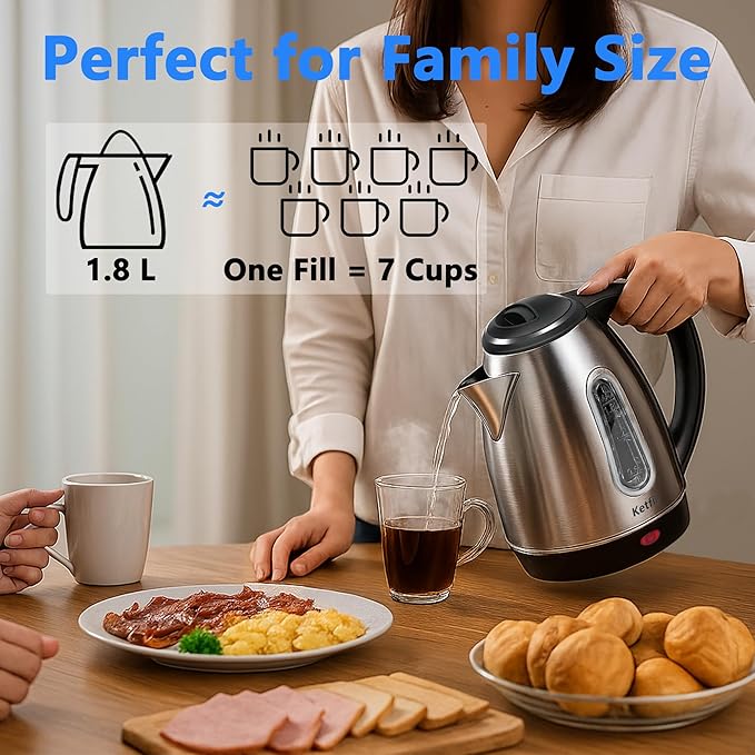 Electric Kettle, Stainless Steel 1.8 Liters Tea, Coffee Kettle & Hot Water Boiler, Auto Shut Off, Boil-Dry Protection with LED Ligh, Water Heater & Teapot, 360° Swivel Base, 1100W