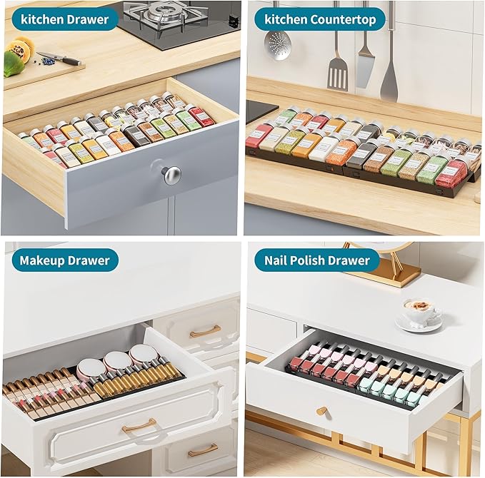 Spice Drawer Organizer, 4 Tier Metal Spice Organizer for Drawer Insert, Spice Organization for Drawer, Kitchen, Countertop, Pantry (Jars Not Included)