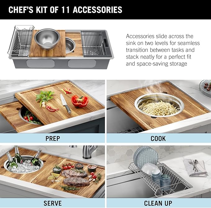DELTA FAUCET Lorelai 45-inch Workstation Kitchen Sink Undermount 16 Gauge Stainless Steel Single Bowl with 2-Tier WorkFlow Ledge and Chef’s Kit of 11 Accessories, 95BA132-45S-SS