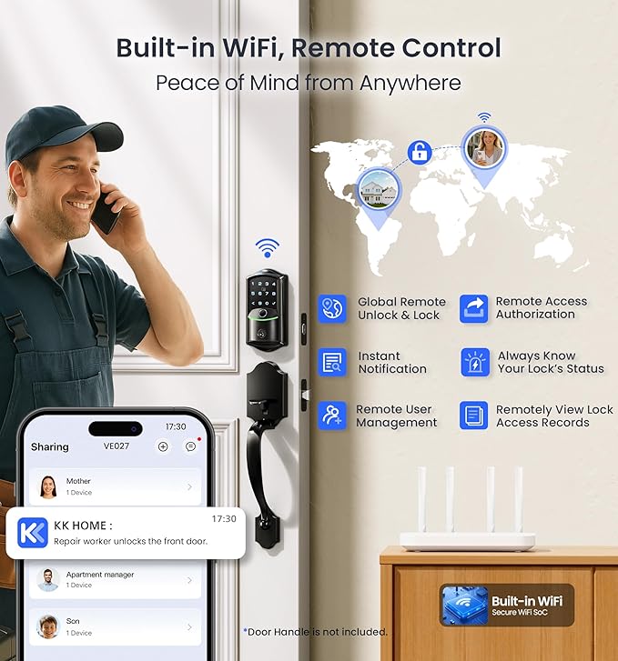 Veise VE027 Built-in Wi-Fi Smart Lock, Fingerprint Keyless Entry Front Door Lock, App Remote Control, No Hub Needed, Keypad Deadbolt, IP65 Waterproof, BHMA Grade 3, Matte Black