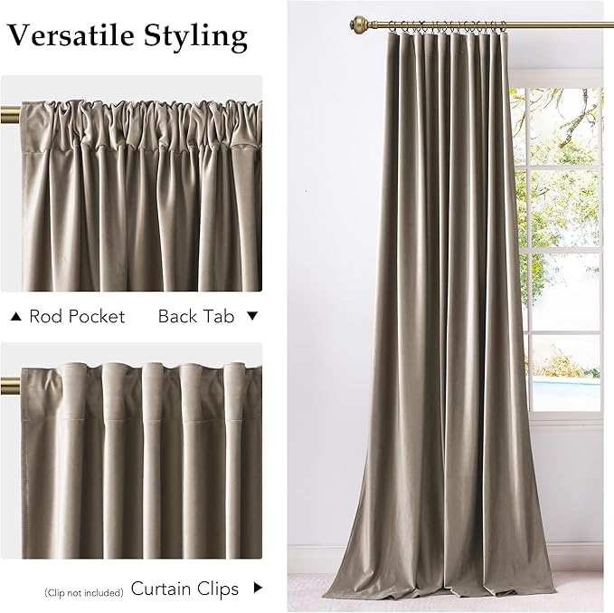 NICETOWN Taupe Blackout Velvet Curtains for School 84 inch Long 2 Panels 52" Width, Pleat Tape with Back Tab Room Darkening Thermal Insulated Privacy Protection Modern Drapes for Living Room, Bedroom