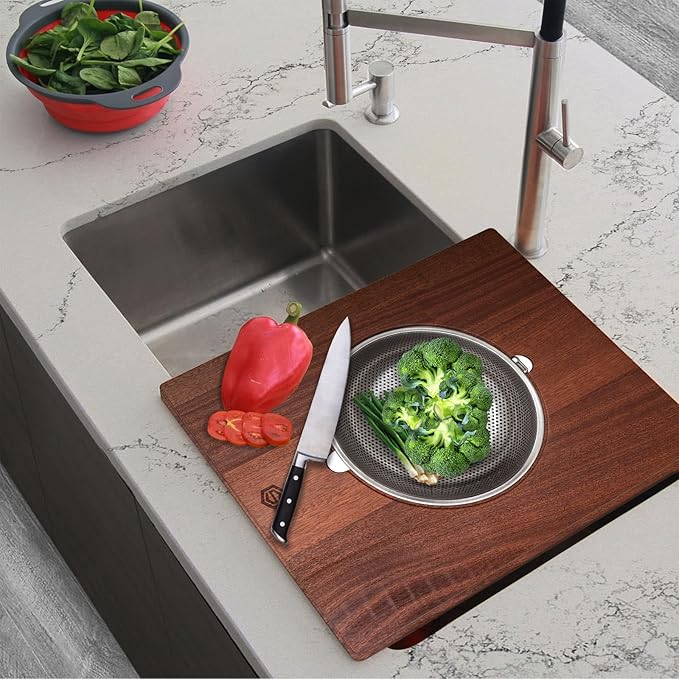 Strictly Sinks Wooden Cutting Board & Strainer Bowl Combo for Kitchen – Over the Sink Cutting Board with Colander, Light Weight & Scratch Resistant Combo ((16-3/8 x 13-3/4 x 7/8))