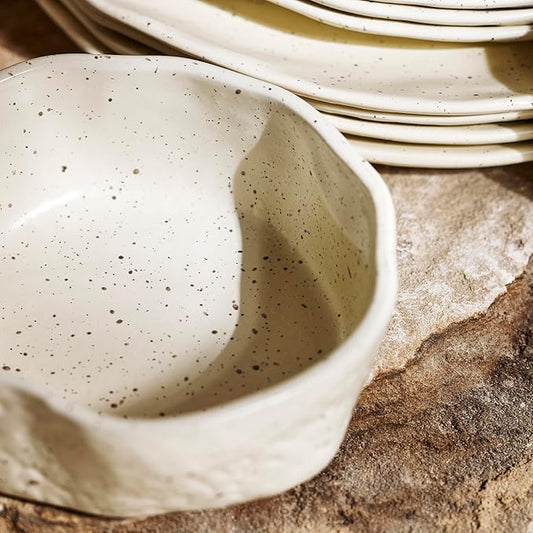 Stone by Mercer Project Atik Modern Stoneware 16-Piece Dinnerware Set, Plate and Bowl Set, Dish set for 4, Cream Speckled