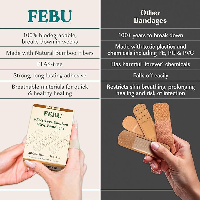 FEBU Eco-Friendly Large Bamboo Bandages | PFAS Free Bandages for Scrapes & Cuts | Flexible Fabric Bandage | Fully Compostable, Latex Free Bandage | 20 Count Large