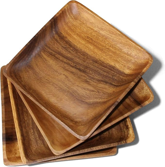 Wooden Plates Set of 4 – 10” Square Acacia Wood Plates, Rustic Dinnerware for Steak, BBQ, Charcuterie, or as Wooden Chargers