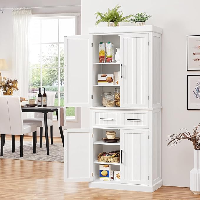 Yaheetech 72.5" Kitchen Pantry Storage Cabinet with Drawer, Freestanding Pantry Cupboard with Doors and 2 Adjustable Shelves, Modern Utility Pantry Cabinet for Dinning Room, Living Room, White