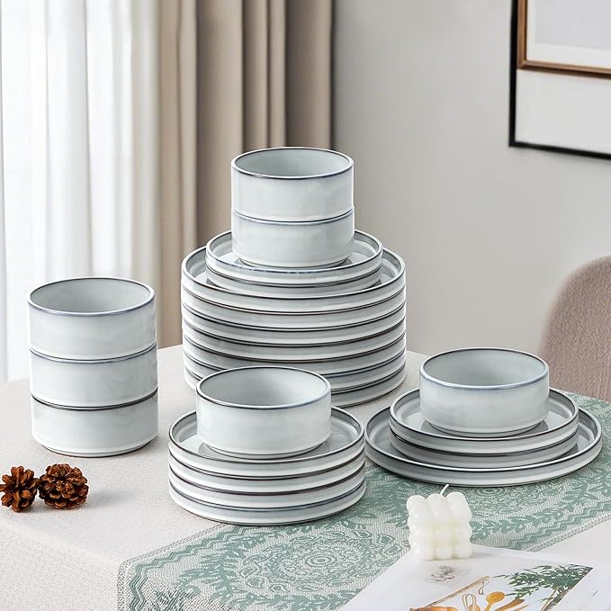 LIANYU 18 Piece Dinnerware Sets for 6, Stoneware Dinner Plates and Bowls Set, Dishware Dish for Home Kitchen Dining, Rustic Terracotta Bottom, Dishwasher & Microwave Safe, Lucent White