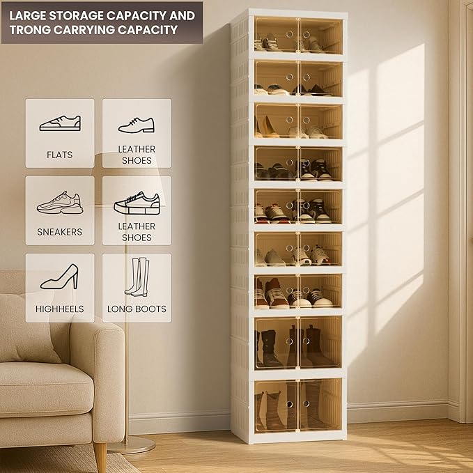 Foldable Shoe Organizer Storage Box, Portable Extra Large Folding Shoe Rack for Closet, Shoe Storage Box with Magnetic Transparent Door and Wheels, 9 Layers 18 Grids with 4 Big Grids