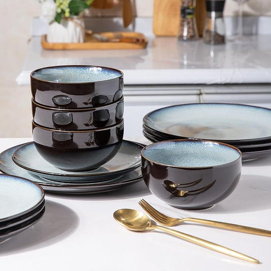 LERATIO Ceramic Dinnerware Sets for 4,Stoneware Coupe Plates and Bowls Sets,Highly Chip and Crack Resistant | Dishwasher & Microwave & Oven Safe Dishes set,Reactive Glaze Dinnerware- Service for 4