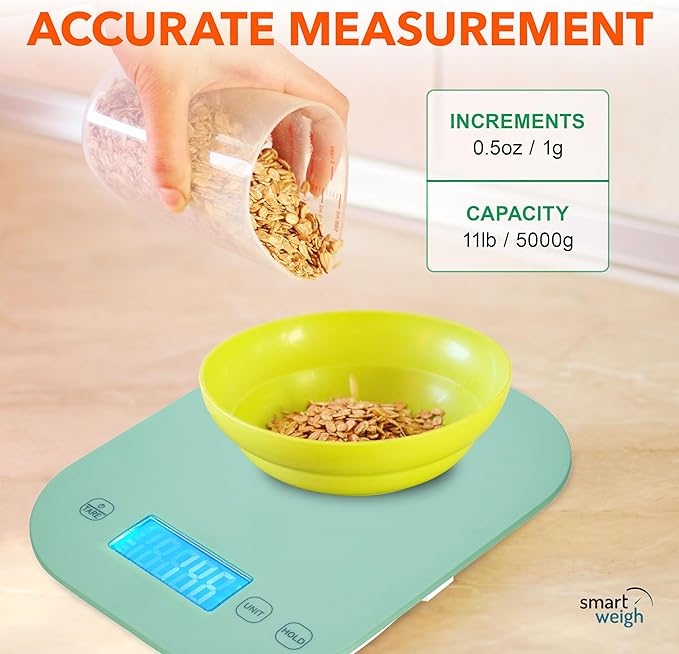 Smart Weigh Mint Green Digital Kitchen Scale for Cooking, Weight Loss, Calorie Tracking, Baking, Food Portion Control, and Meal Prep - Accurate Measurements in Grams and Ounces