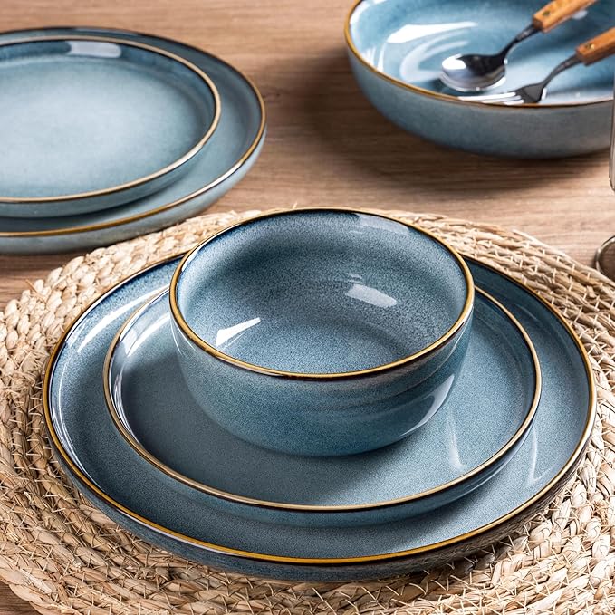 GBHOME 24 Pieces Double Bowls Ceramic Dinnerware Sets for 6, Stoneware Plates and Bowls Set with Reactive Glaze, Scratch Resistant Stoneware Dishes Set, Dishwasher & Microwave Safe