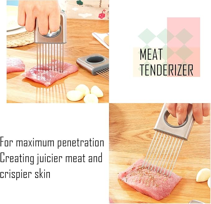 Best Utensils Onion Holder Slicer Vegetable Tools Stainless Steel Easy Onion Holder Slicing Guide Vegetable Tomato Lemon Meat Holder Slicer Tools Cutter, Cutting Kitchen Gadget, Silver