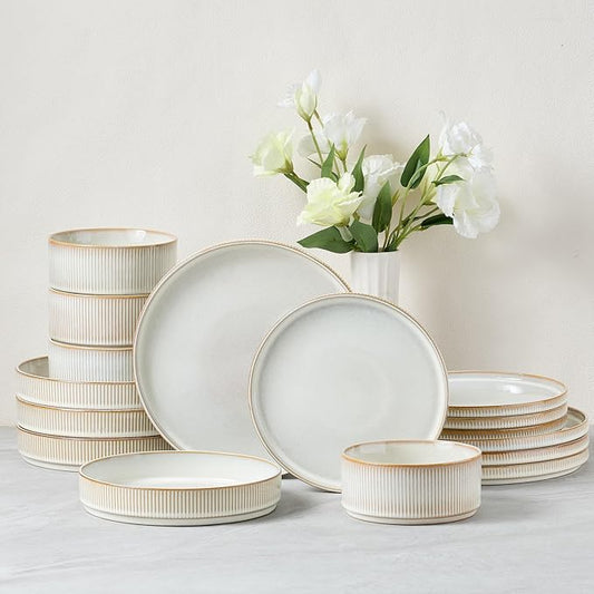 E-far 16 Piece Dinnerware Sets, Plates and Bowls with Pasta Bowls Service for 4, Modern Stoneware Ribbed Dishes for Kitchen Dining, Microwave & Dishwasher Safe, Creamy Beige