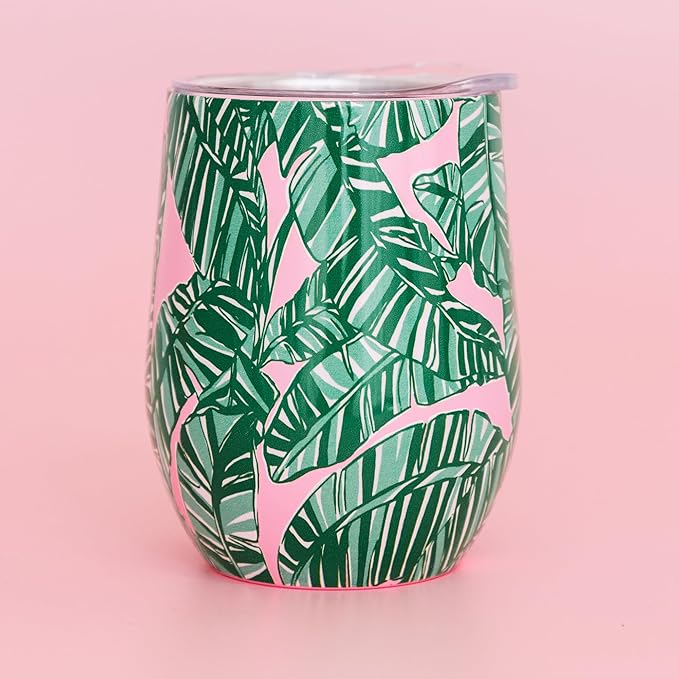 Lilly Pulitzer 12 Oz Insulated Tumbler with Lid, Yellow/Green Stainless Steel Travel Wine Glass, Double Wall Metal Cup (Let's Go Bananas)