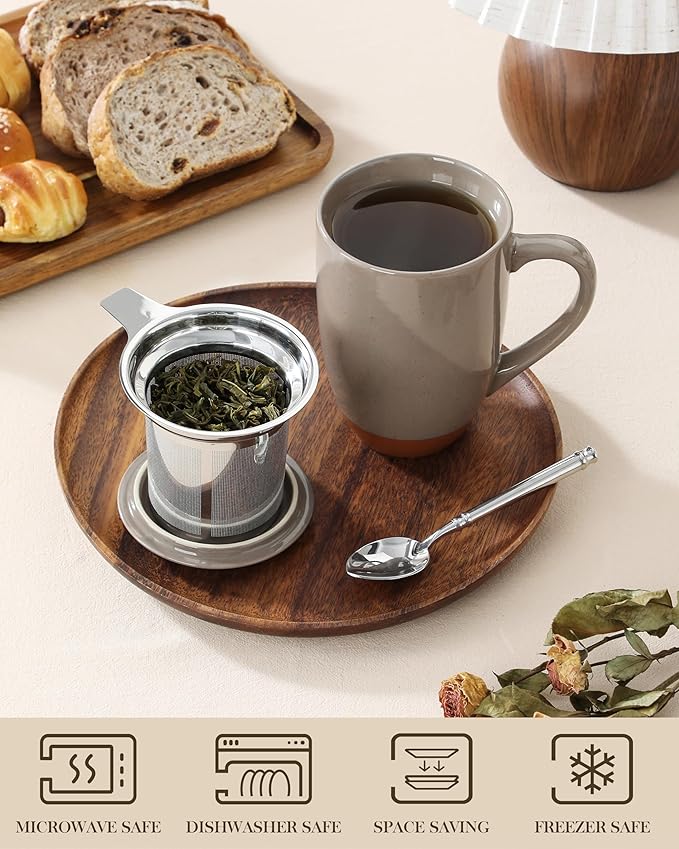 MALACASA Ceramic Tea Mug with Lid and Stainless Steel Infuser, 18 oz Large Tea Cup for Loose Leaf Tea, Heat-Resistant, Microwave & Dishwasher Safe, Speckled Glaze Coffee & Tea Brewer Mug, Khaki Brown
