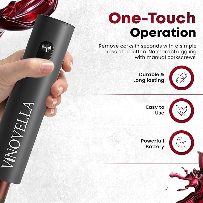 VINOVELLA 4 in 1 Electric Wine Opener Set, Automatic Corkscrew with Foil Cutter, Vacuum Wine Stopper, Wine Pourer, and Storage Base, Best Gift For Wine Lovers
