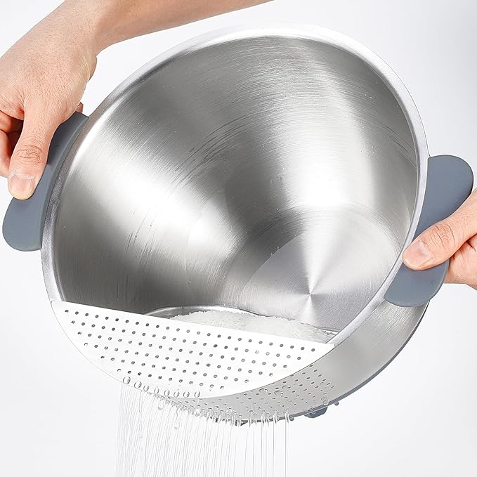 Rice Washer Strainer Bowl Quinoa Washing Bowl 18/10 Stainless Steel Colander Versatile Good Grips Side Drainers for Cleaning Rinsing Fruits, Vegetables, and Beans - Tilting Non-slip Silicone Bottom