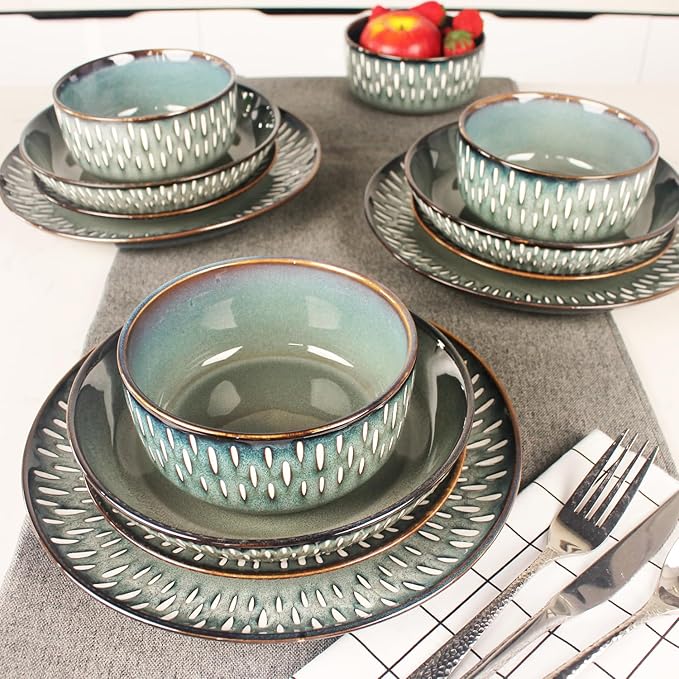 Dinnerware Sets 16 Pieces - Round Reactive Glaze Tableware - Kitchen Dinnerware Porcelain Crockery with Dinner Plate, Bowl and Soup Plate Service for 4, Microwave Dishwasher Safe, Set No.1