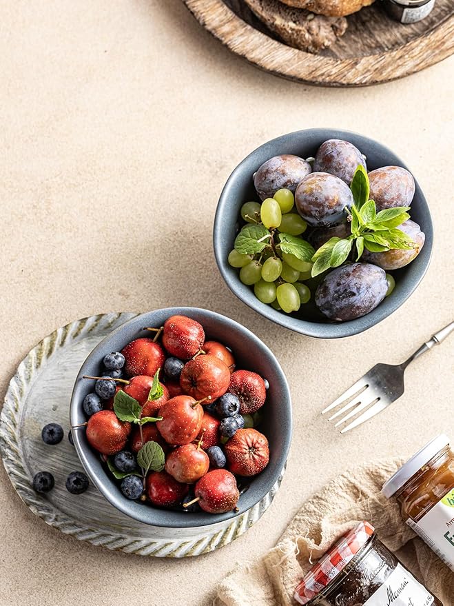 Gomakren Ceramic Berry Basket Set of 2, Elegant Fruit Basket Container 6 Inch, Fruit Bowl with Holes for Kitchen Counter, Berries, Strawberry, Grape, Cherry, Floral Shape - Slate Blue