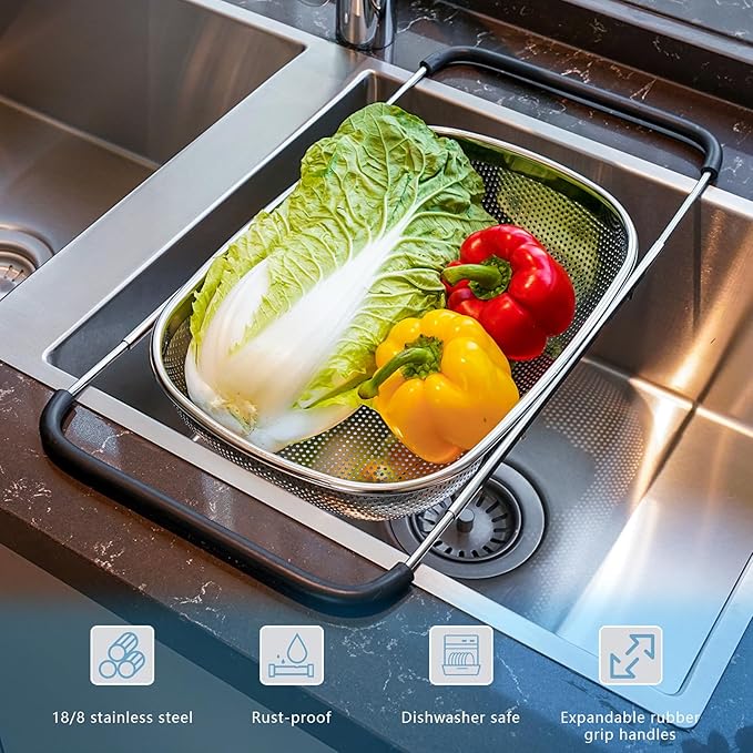 REDANT Over the Sink Metal Strainer and Colander for Kitchen - Large Food Strainers and Colanders with Rubber Grip - Sieve Fine Mesh Stainless Steel for Spaghetti, Pasta, Rice, Fruits, Vegetables