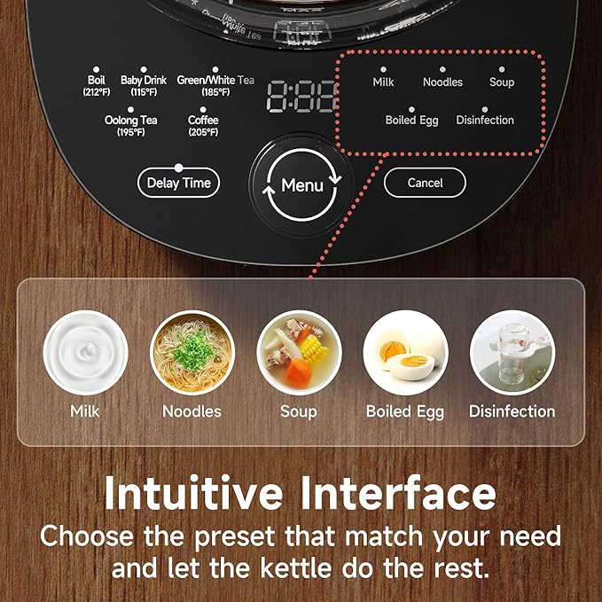 Hot Tea Maker Glass Electric Kettle with Infuser and Temperature Control,1.5L Stainless Steel 1200W Rapid Boiling,Programmable Control for your Favorite Teas and Coffee,Black