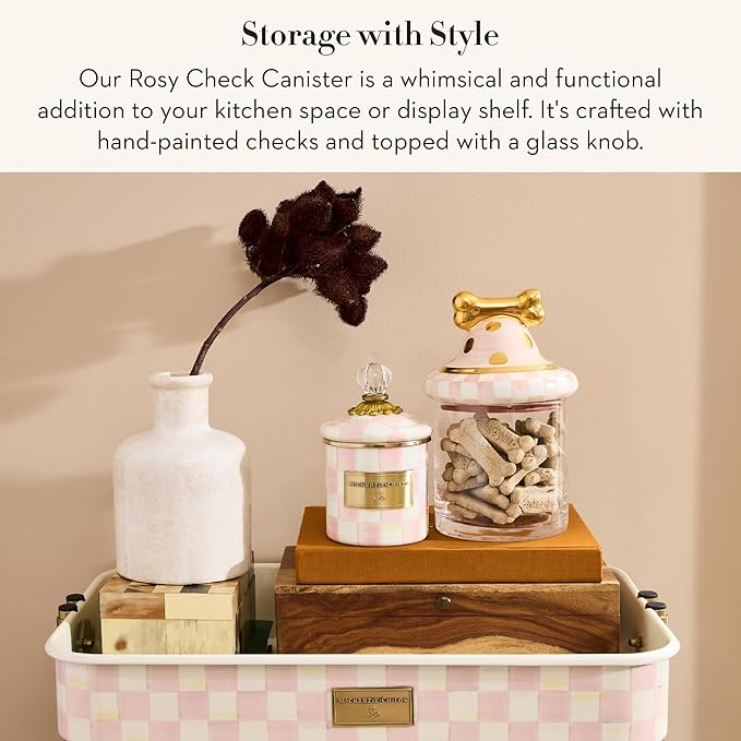 MACKENZIE-CHILDS Rosy Check Enamel Canister, Pink-and-White Kitchen Storage Container with Lid, Demi