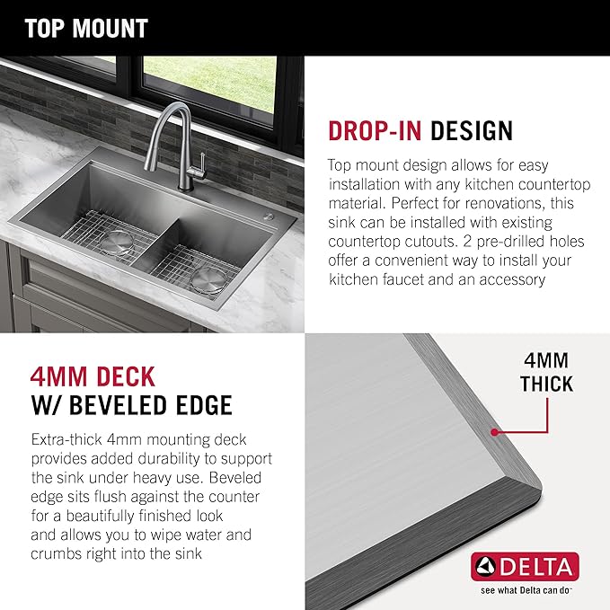 DELTA FAUCET Rivet 33-Inch Workstation Kitchen Sink Drop-In Top Mount 16 Gauge Stainless Steel 50/50 Double Bowl with WorkFlow Ledge and Chef’s Kit of 8 Accessories, 95A931-33D-SS