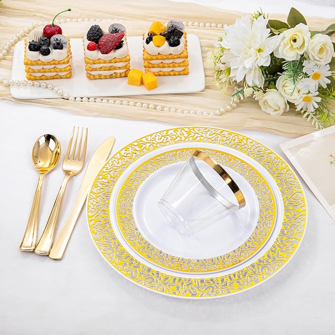 WELLIFE 210Pcs Gold Plastic Dinnerware - Disposable Silverware and Cups, Include:30 Dinner Plates, 30 Dessert Plates, 30 Paper Napkins, 30 Cups, 30 Gold Plastic Cutlery Set for Party and Christmas