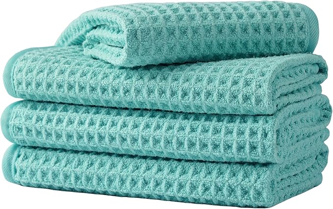 Microfiber Waffle Face Towels, 4 Pieces, Soft, Absorbent, Fast Drying, Lint Free (Turquoise)
