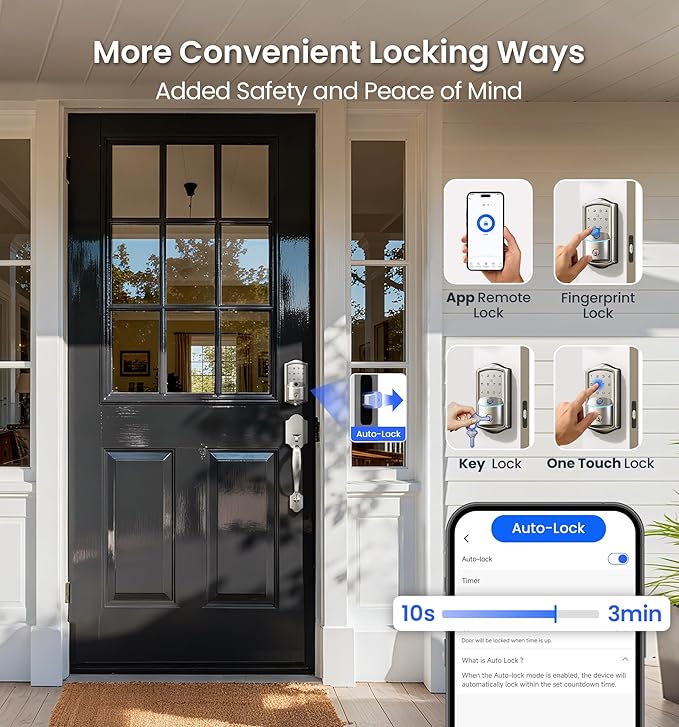 Veise VE027 Built-in Wi-Fi Smart Lock, Fingerprint Keyless Entry Front Door Lock, App Remote Control, No Hub Needed, Keypad Deadbolt, IP65 Waterproof, Auto Lock, BHMA Grade 3, Satin Nickel