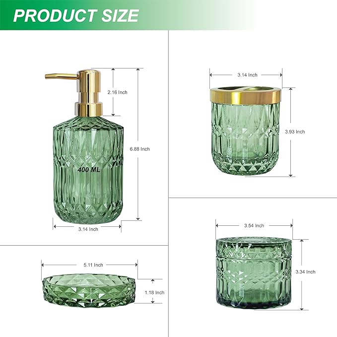 4pcs Glass Bathroom Accessories Set, Clear Green Bathroom Sets, Soap Dispenser, Toothbrush Holder, Soap Dish, Qtips Holder Set for Crystal Vintage Bathroom Decor, Gift Set (Green)
