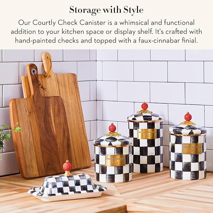 MACKENZIE-CHILDS Large Enamel Canister, Kitchen Storage Container for Flour and Sugar, 1.89 Liters, Black-and-White Courtly Check