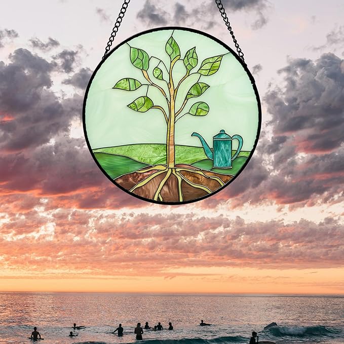 Stained Glass Window Hanging 4 Pcs Set Pink Green Spring Saplings Flowers 7.8" - Suncatcher Door Garden Sun Catcher Home Decor Mother's Day for Woman Nana Mom Men