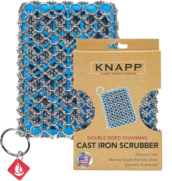 Knapp Made Combo Chainmail Cast Iron Scrubber with Silicone Core - Heavy Duty Rings and Fine Chainmail Rings -Premium Cast Iron Cleaner Chainmail Scrubber -Perfect for Cast Iron Cookware,Skillet,Woks